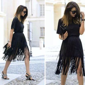 Zara Black Faux Suede Fringe Midi Skirt